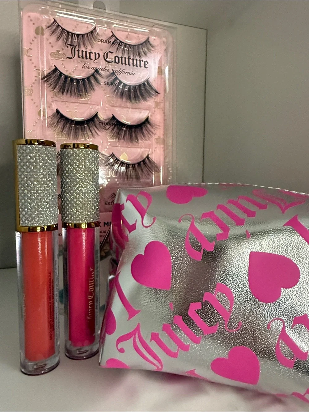 S Juicy Couture Silver Pink Cosmetic Pouch, Lip Glosses & Juicy Lashes